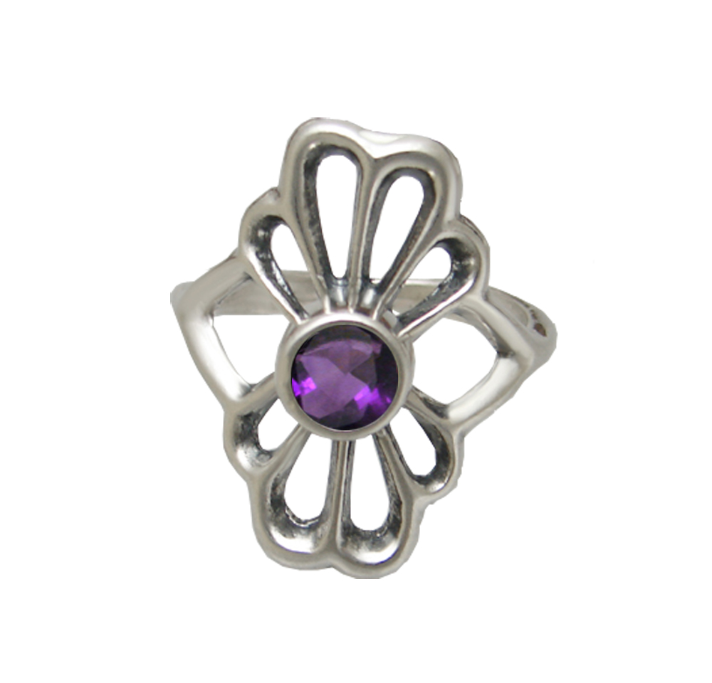 Sterling Silver Flower Ring With Faceted Amethyst Size 10